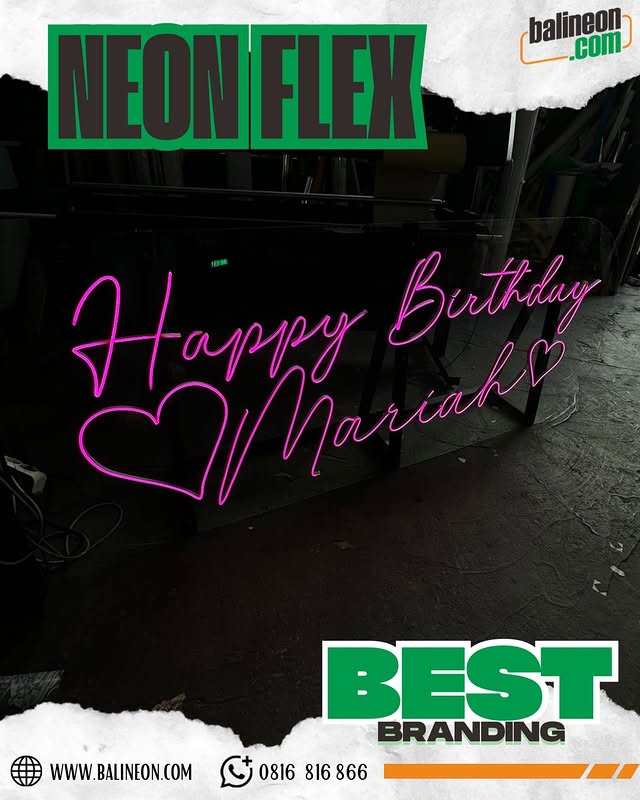 Dekorasi custom neon flex birthday bali dengan pendaran lampu pink hangat untuk hiasan pesta malam hari yang estetik.